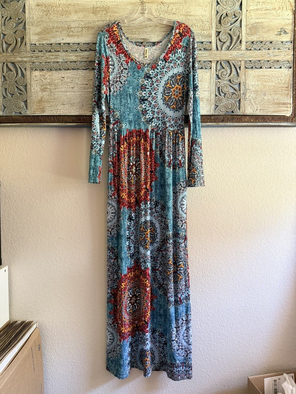 Grecerelle Long Sleeve Mandala Design Empire Long Maxi Dress M